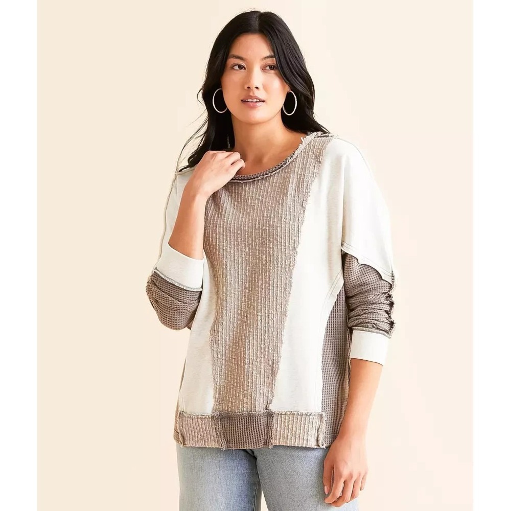 BKE Buckle Womens Pieced Dolman Pullover Sweater Waffle Knit Sz S Beige Raw Edge